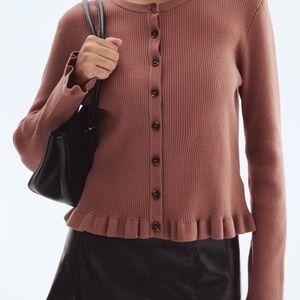 H&M Ribbed Brown Cardigan with Ruffle Hem